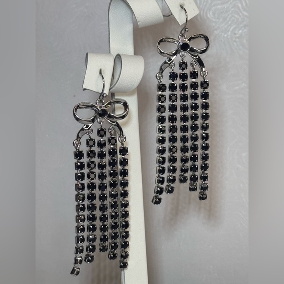 Silver Bow with Dangling Long Black Crystals Made W/ Swarovski Crystals - Picture 9 of 10